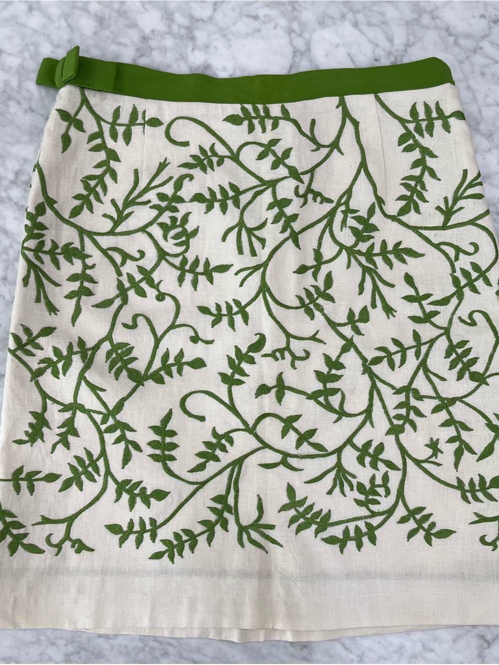 Tracy Reese Linen Silk Green embroidered Bow Lined Knee Length Skirt Size 6
